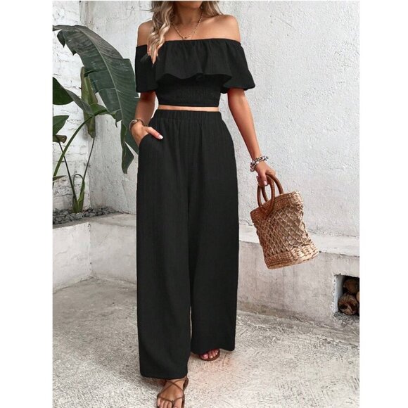 WILA Pants - 2 piece set: ruffle crop top and wide leg pants high waisted boho black
